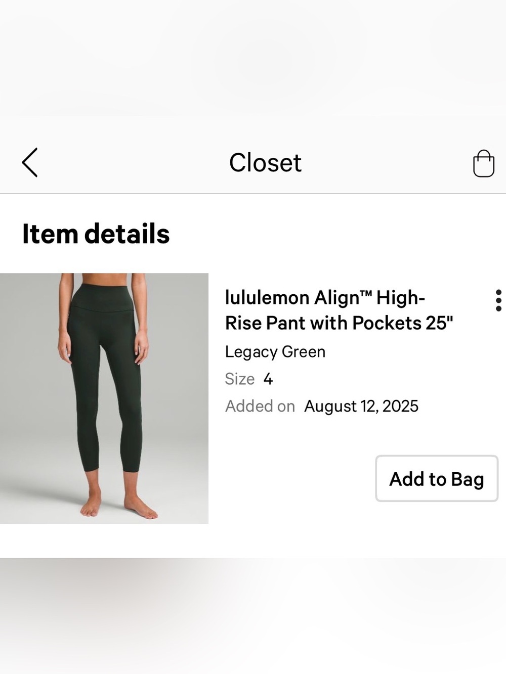 NWT Lululemon Align High Rise Pants 25” w/ Pockets, Legacy Green, Size 4, RARE